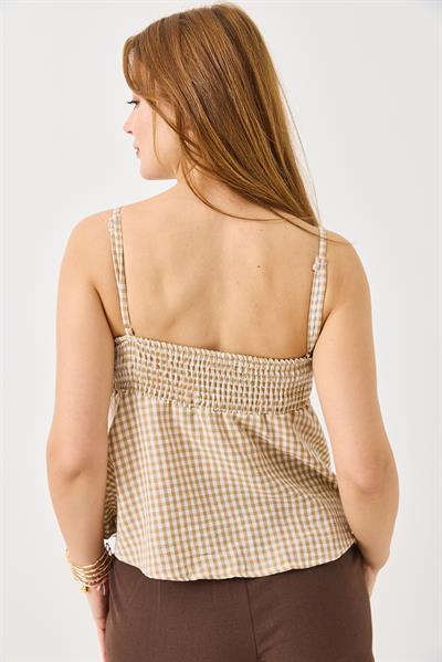 Kadın Büyük Fiyonk Detaylı Ekoseli Askılı Keten Görünümlü Bluz Vizon