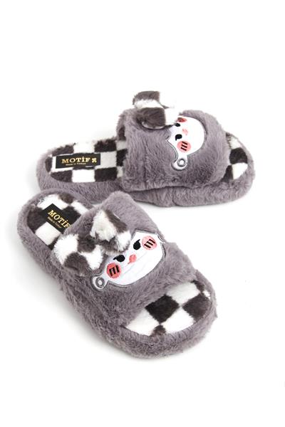 Kadın Önü Açık Peluş Gri Ev Terliği 