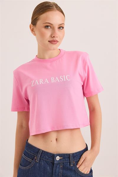 Baskılı Kısa Kol Pamuk Crop Tshirt Pembe
