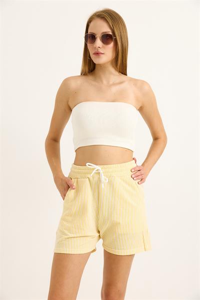 Çizgi Desenli Belden Bağlamalı Kadın Şort Sarı