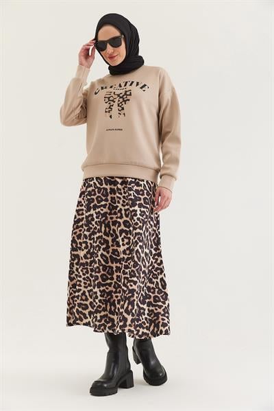 Leoparlı Etekli Scuba İkili Takım Bej