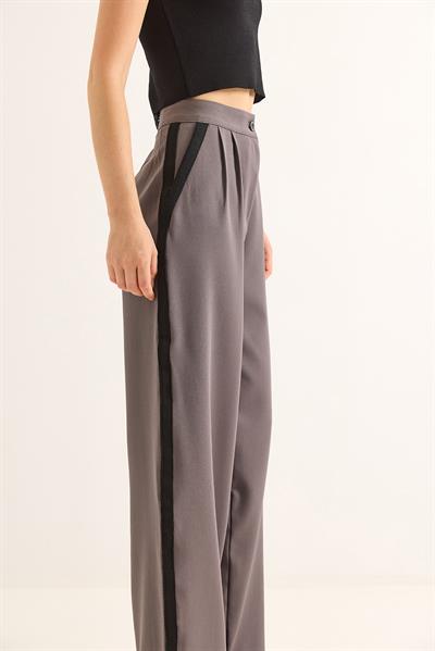 Yanları Şeritli Yüksel Bel Palazzo Pantolon Füme