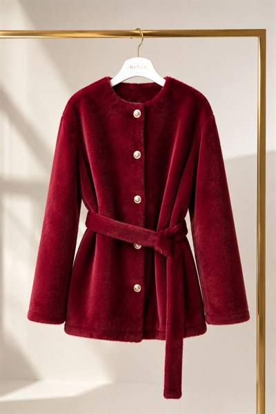 Kadın Beli Kuşaklı Düğmeli Kaban Bordo
