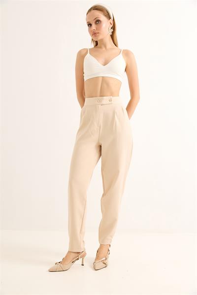 Havuç Model Çift Düğmeli Palazzo Pantolon Krem