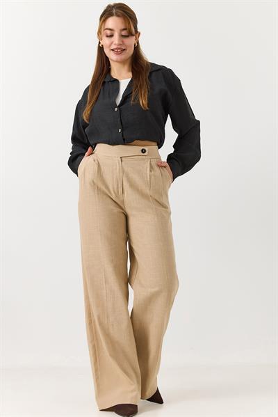 Kadın Yüksek Bel Rahat Kesim Palazzo Pantolon Bej