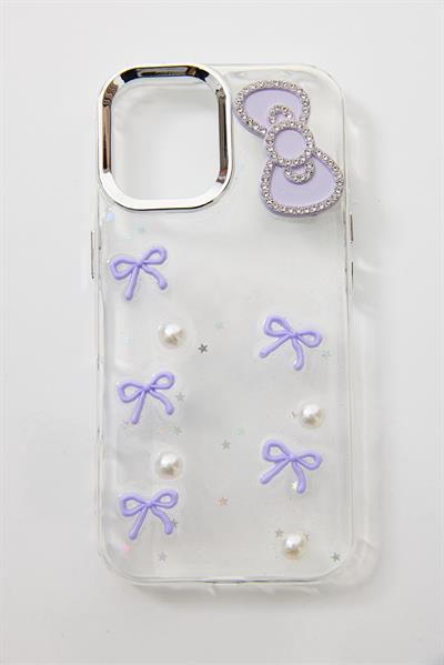 İphone 16 Pro  Uyumlu Kurdeleli ve İnci Taşlı Kılıf Lila