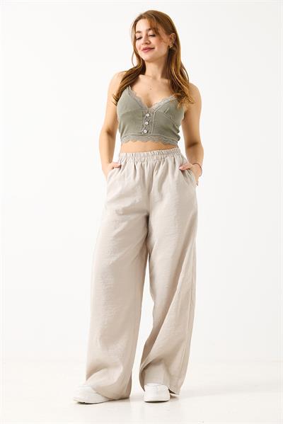 Kadın Bol Kesim Tensel Kumaş Beli Lastikli Ekru