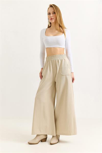 Kadın Pantalon Geniş Paça Cepleri Dikiş Detaylı  Pantalon Bej