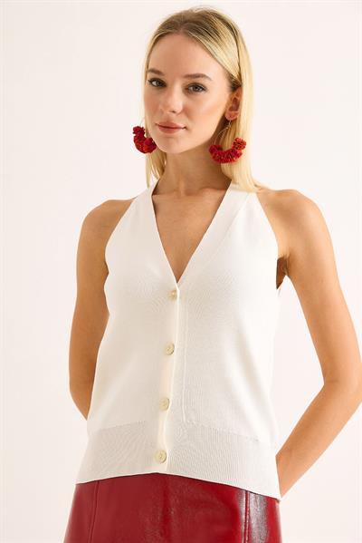 Kadın Düğmeli Triko Yelek Beyaz