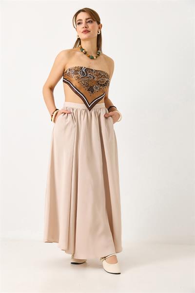 Kadın Yandan Fermuarlı Cepli Uzun Etek Bej 