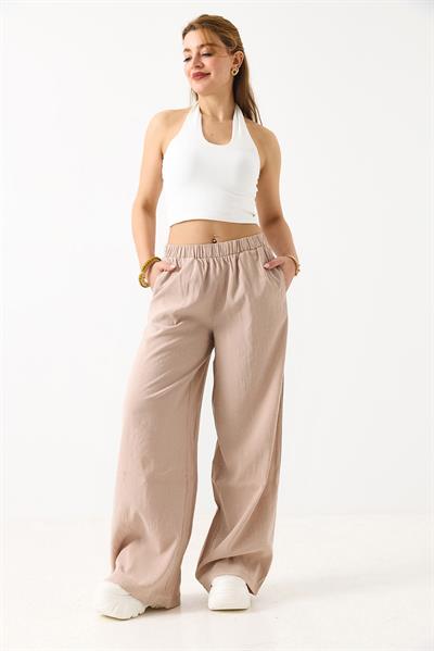 Kadın Taş Detaylı Bol Kesim Keten Görünümlü Pantolon  Vizon