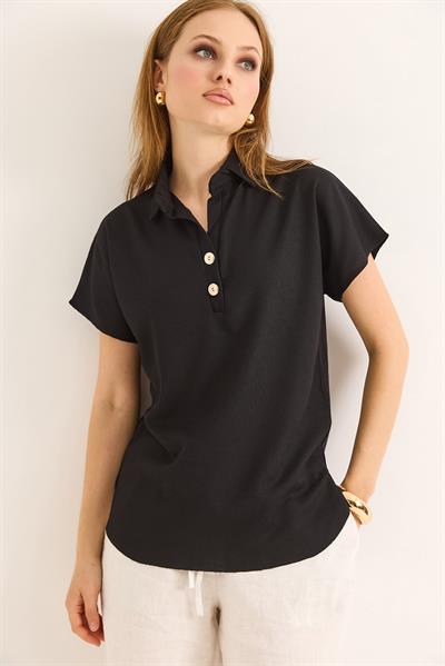 Polo Yaka Oval Kesin Kadın Tshirt Siyah