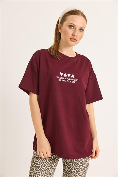 Bisiklet Yaka Baskılı Oversize Tshirt Bordo