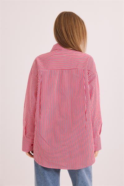 Çizgili Oversize Basic Gömlek Kırmızı