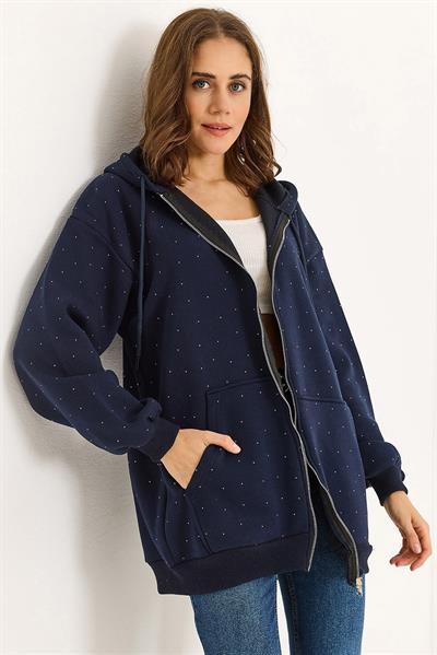 Kadın Taş Detaylı Üç İplik Oversize Kanguru Cep Sweat Hırka