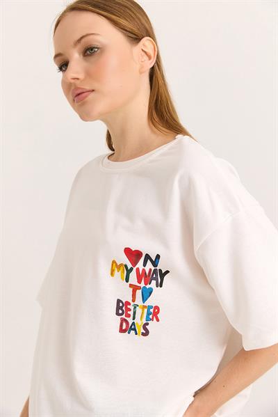 My Way Ön ve Arka Baskılı Rahat Kalıp Tshirt Beyaz