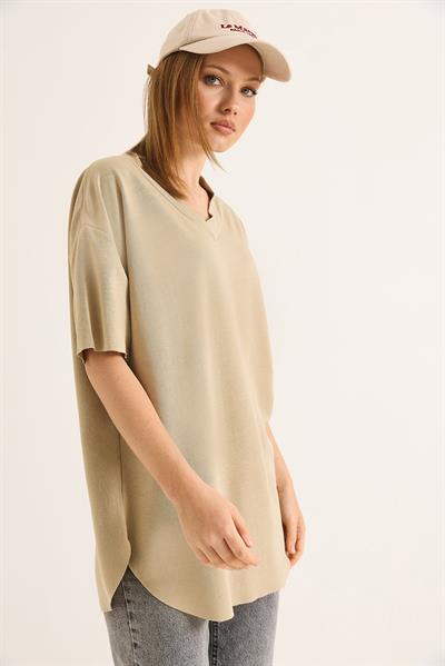 V Yaka Arkası Uzun Basic Tshirt Vizon