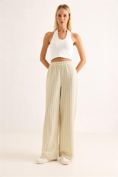 Çizgi Desenli Bol Paçalı Keten Pantolon YEşil