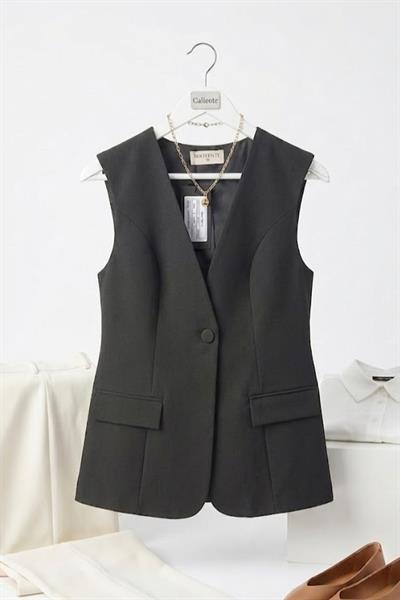 Kadın Kolsuz V Yaka Tek Düğmeli Yelek Siyah