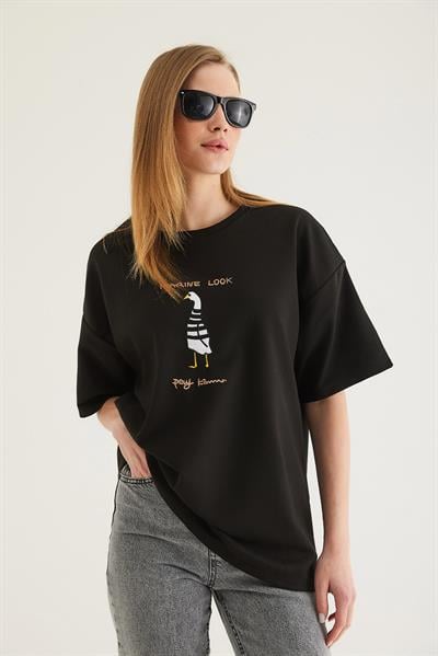 Bisiklet Yaka Oversize Baskılı Tshirt Siyah