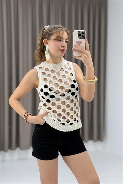 Kalın Askılı Fileli Bej Bluz