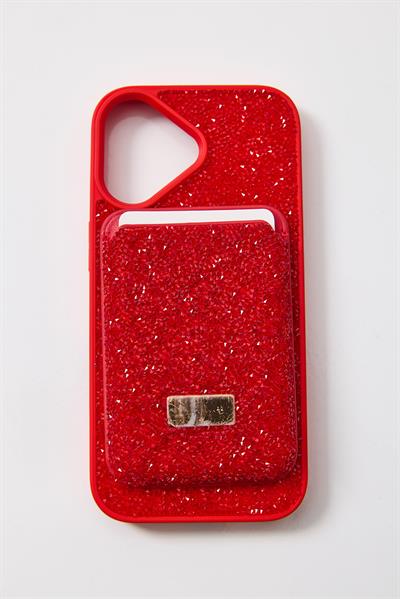 İphone 17 Uyumlu Parlak ve Taşlı Kart Bölümlü Kılıf  Kırmızı