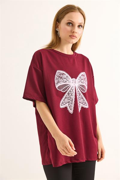 Fiyonk Baskılı Oversize Kesim Tshirt Bordo