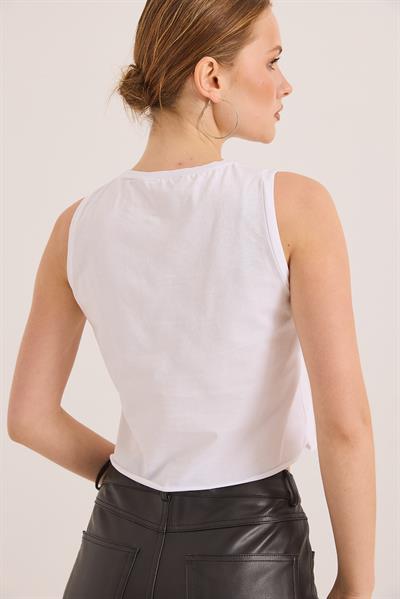 Sıfır Kol Yuvarlak Yaka Havalı Crop Tshirt Beyaz