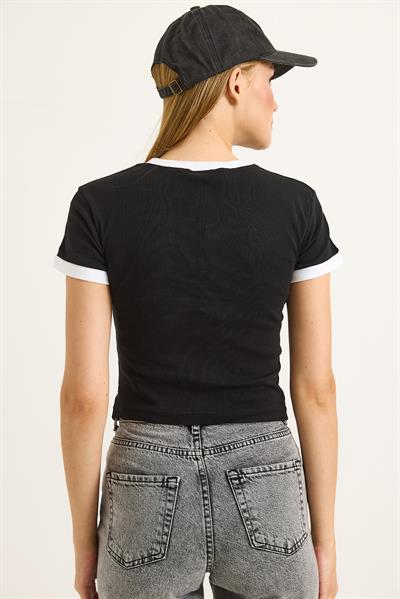 Bisiklet Yaka Baskılı Crop Tshirt Siyah