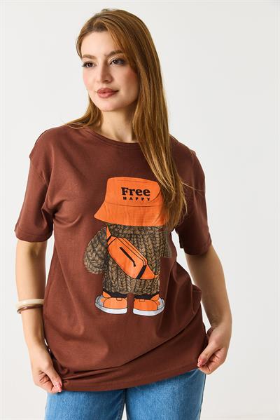 Kadın Baskılı Bisiklet Yaka Kısa Kol Tshirt Kahverengi