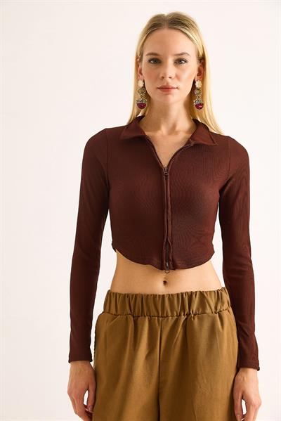 Kadın Polo Yaka Fermuarlı  Fitilli Kaşkorse Crop Kahverengi