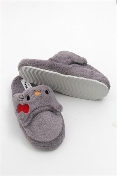 Önü Kapalı Peluş Model Kurdela Detaylı Terlik Gri