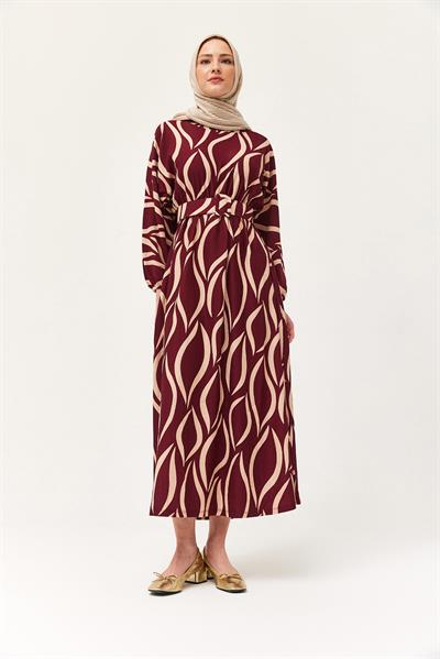 Kemerli Yarasa Kol Kemerli Elbise	Bordo