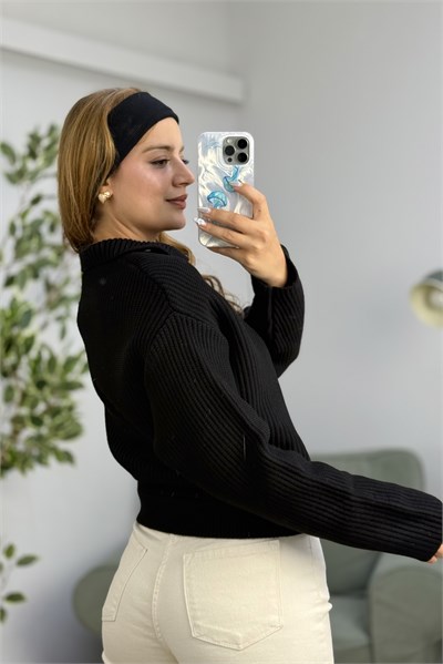 Kadın Dik Yaka Düğme Detaylı Oversize Triko Hırka Siyah