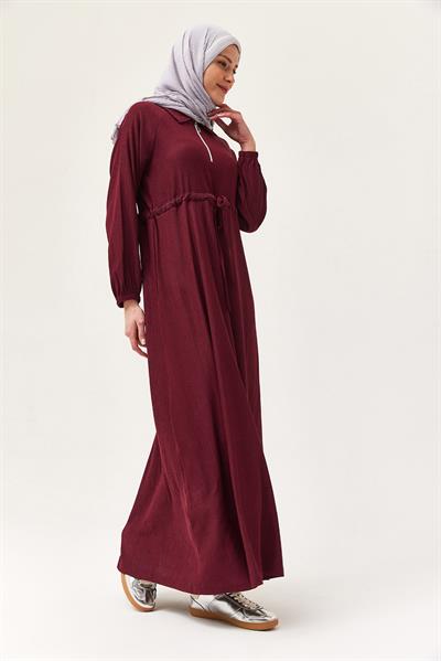 Gömlek Yaka Bel Tünelli Bürümcük Elbise Bordo