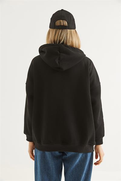 Kapüşonlu Fermuarlı Cepli Oversize Şardonlu Sweatshirt Siyah