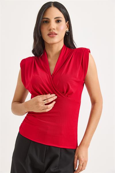 Kruvaze Yaka Vatkalı Sıfır Kol Bluz Kırmızı