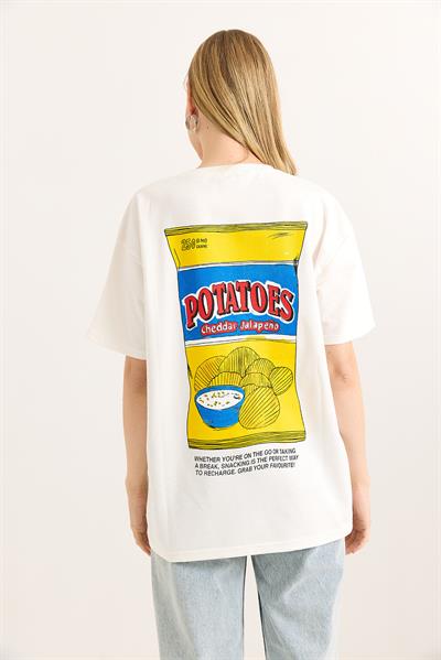 Rahat Kesim Baskılı Kadın Tshirt Beyaz
