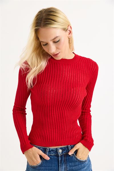 Bisiklet Yaka Triko Örme Bluz Kırmızı