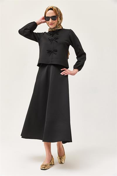 Önü Fiyonklu Etekli Scuba İkili Takım Siyah