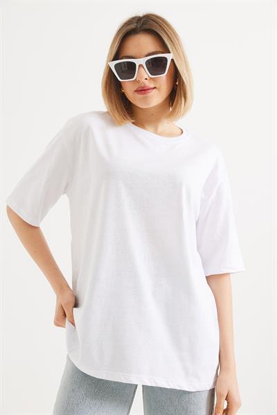 Oversize Bisiklet Yaka Basic Tshirt Beyaz