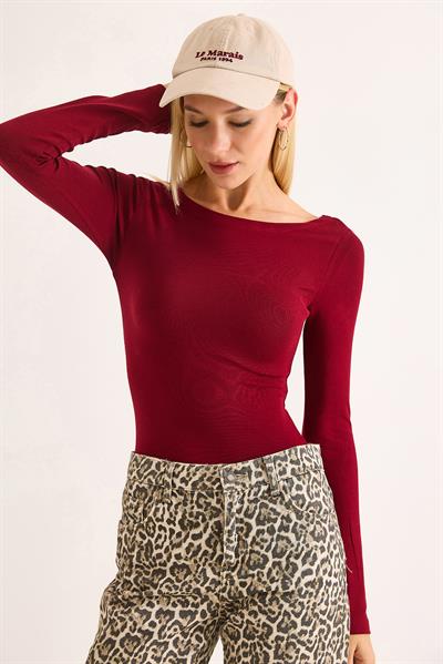 Geniş Yaka Rahat Uzun Kollu Bluz Bordo
