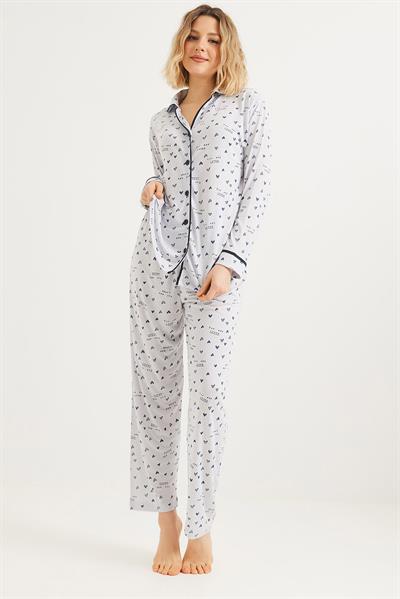 Düğmeli Uzun Kollu Pijama Takımı Gri