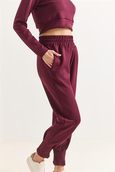 Kadın Modal Scuba Yüksel Bel Jogger Eşofman Takımı Bordo