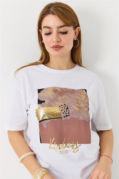 Kadın Parlak Baskılı Bisiklet Yaka Tshirt Beyaz