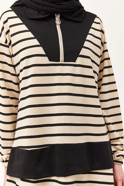 Fermuarlı Çizgili Gömlek Yaka Takım Siyah