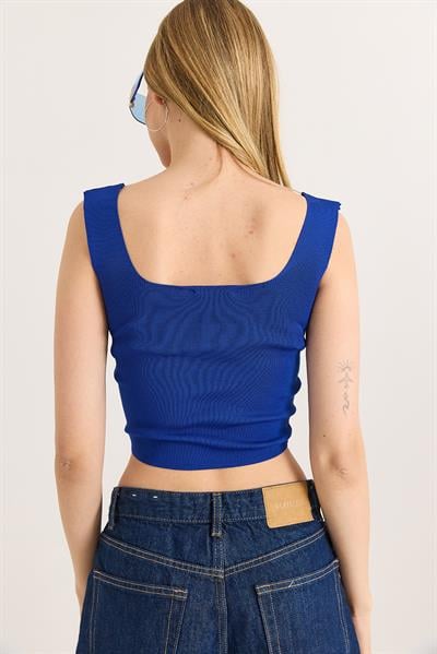  Kare Yaka Crop Triko Bluz Saks