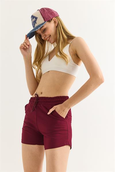 Beli Lastikli Fit Kadın Şort Bordo