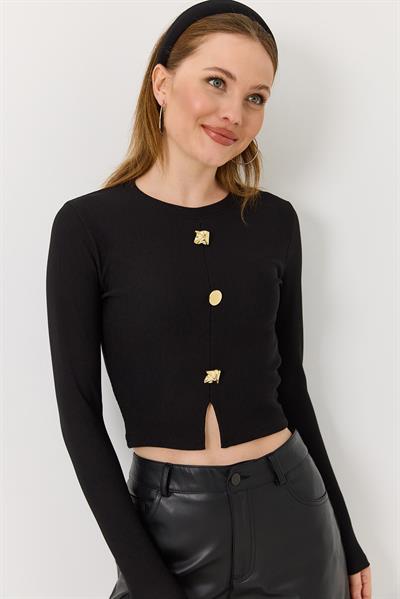 Kadın Yırtmaçlı Düğmeli Kaşkorse Uzun Kollu Bluz Siyah