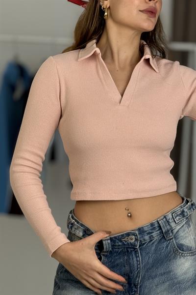 Kadın Polo Yaka Fitilli Crop Bluz Pudra